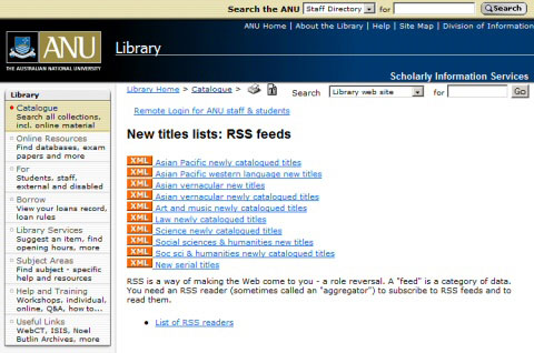 Australian National University: “New titles lists” en forma de titulars RSS