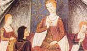 Pedro Marcuello li entrega a Isabel I l’exemplar del seu Cancionero. Potser, a la seva dreta, la seva cambrera major.