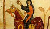 Dona sobre la bèstia vermella (foli 63). Beatus de Girona, obra de la miniaturista En