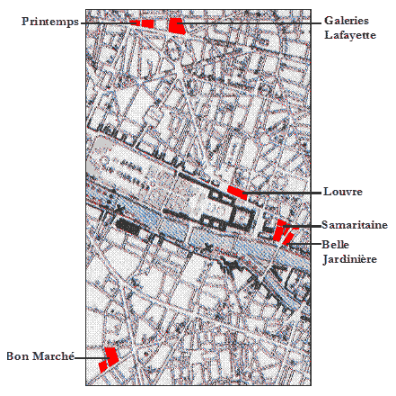 Cuadro de texto:    Figura 12: Situación de seis de los grandes almacenes más importantes de París por su tamaño, continuidad histórica e interés arquitectónico.  