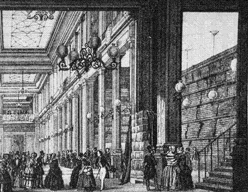 Cuadro de texto:    Figura 16: Grandes almacenes À la Chaussée-d’Antin (1844). Lo puramente comercial queda en segundo plano, tras los pilares.    