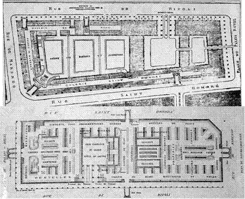 Cuadro de texto:       Figura 22 y 23: Planta baja de los grandes almacenes del Louvre en 1870 y 1877, según Le Figaro y L’Illustration.    