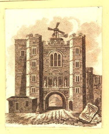 Small vignette of the old Newgate Prison, with a windmill on top of gate, built for ventilation.Etching